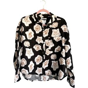 Nicole‎ Miller | Women’s Linen Black Beige Beach Sea Shell Print Top Medium NWT